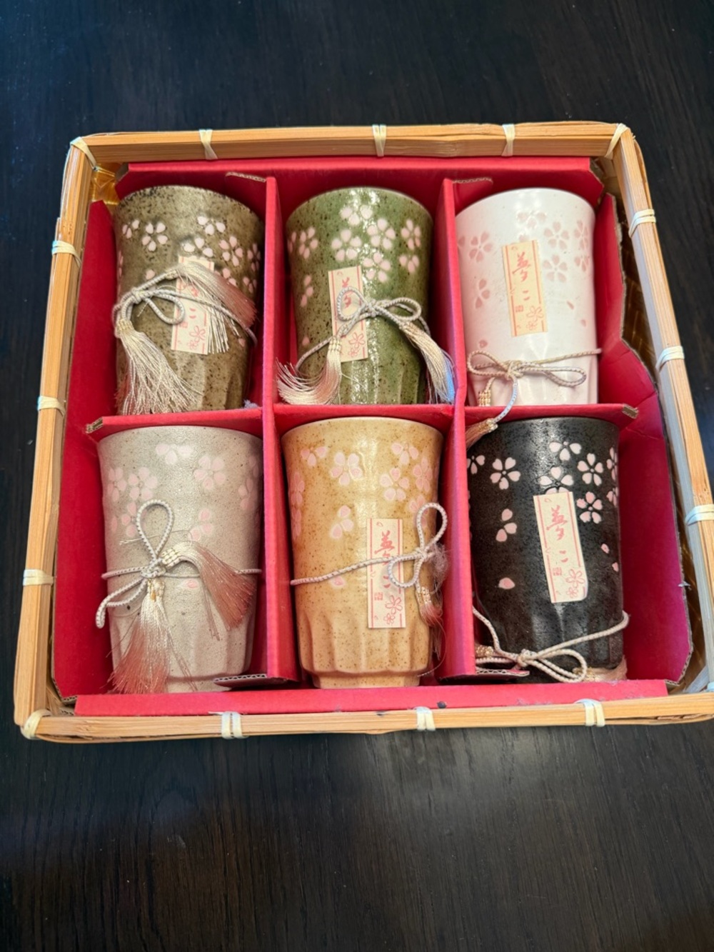 Vintage Set of 6 Japanese Natural Stone Cherry Blossom Tea Cups in bamboo box